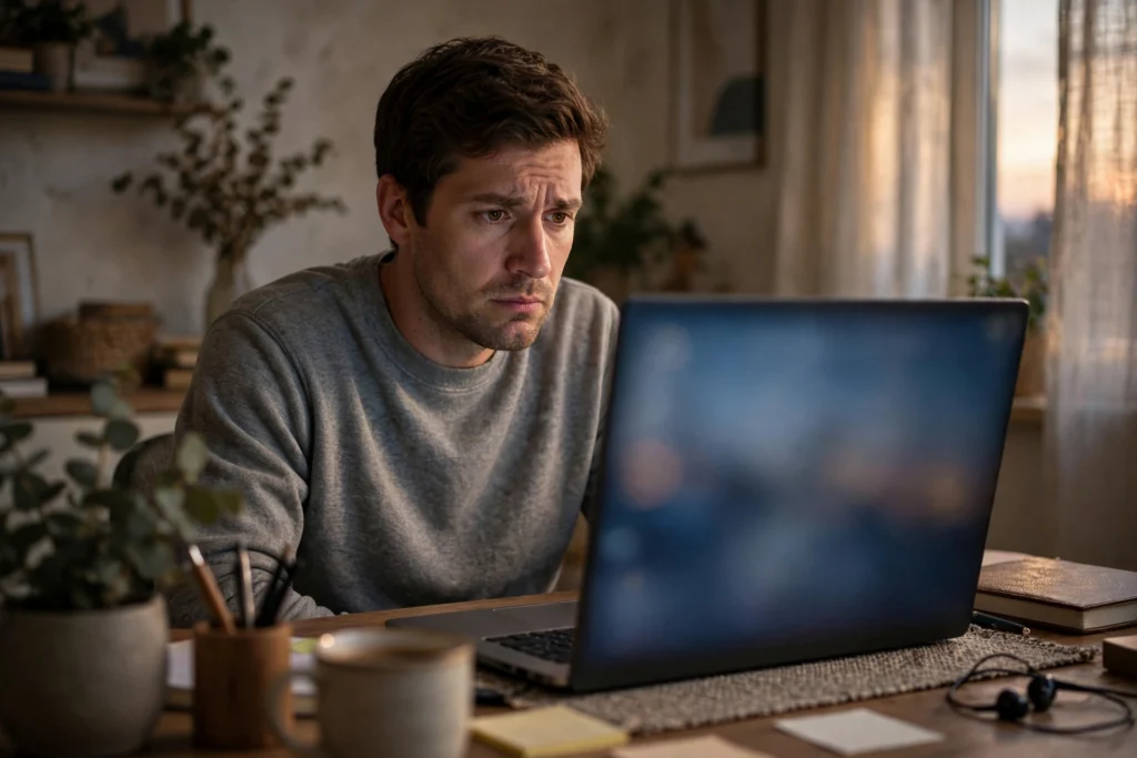 Freelancer looking at a laptop at home while following up a late payment
