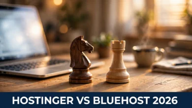 Hostinger vs Bluehost comparison 2026 — chess knight vs rook on a desk beside a laptop