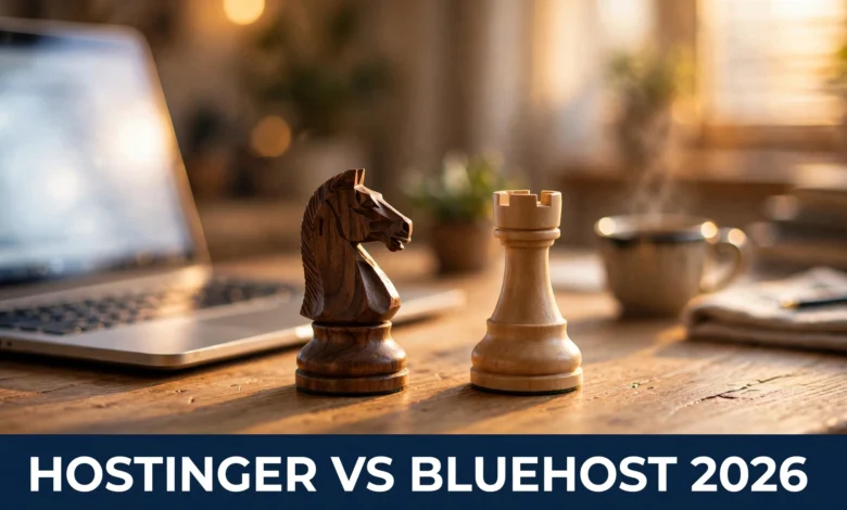 Hostinger vs Bluehost comparison 2026 — chess knight vs rook on a desk beside a laptop