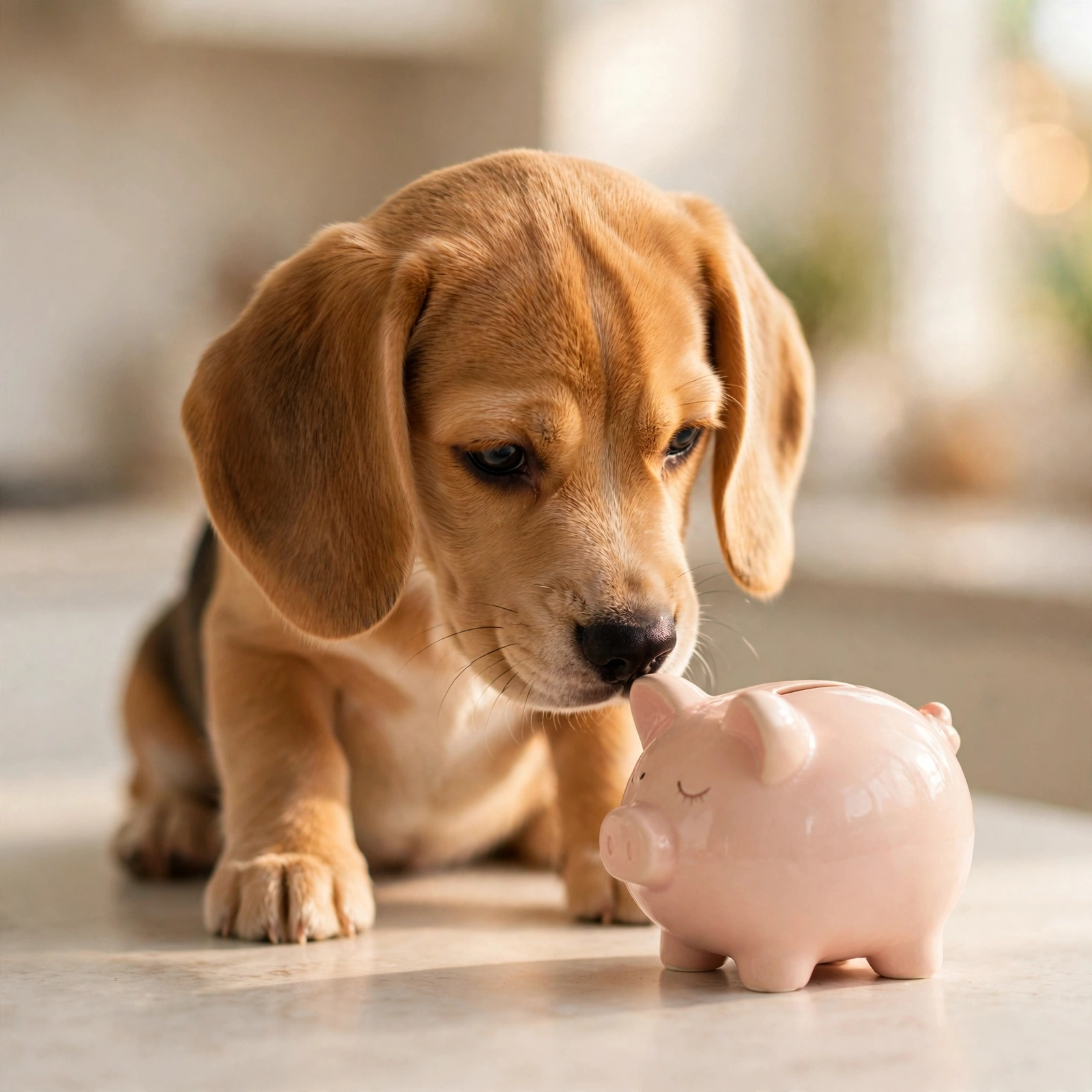 Beagle puppy sniffing a piggy bank - save money on pet costs with Furveko guides