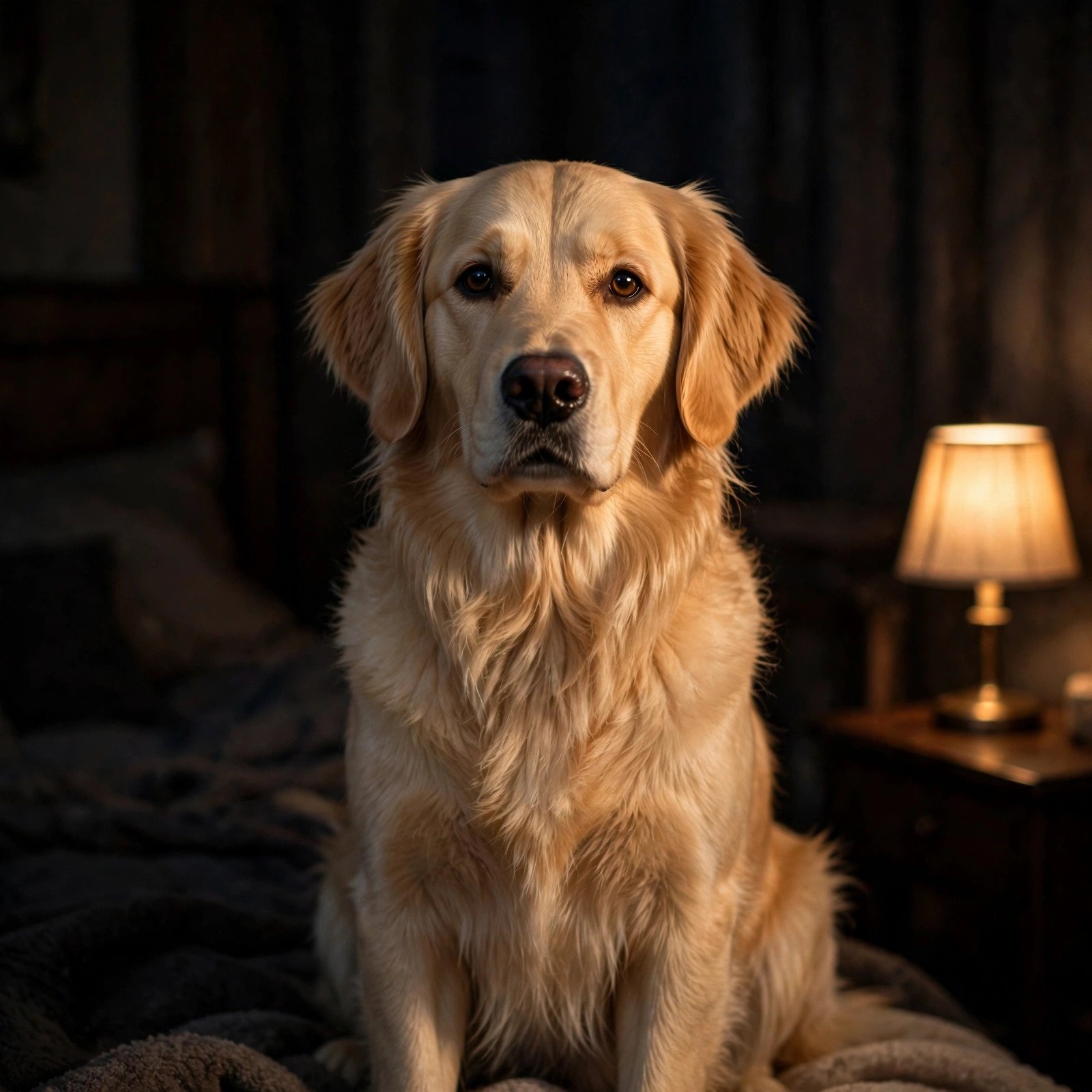 Golden retriever staying awake by a warm lamp at night, the loyal night-shift buddy
