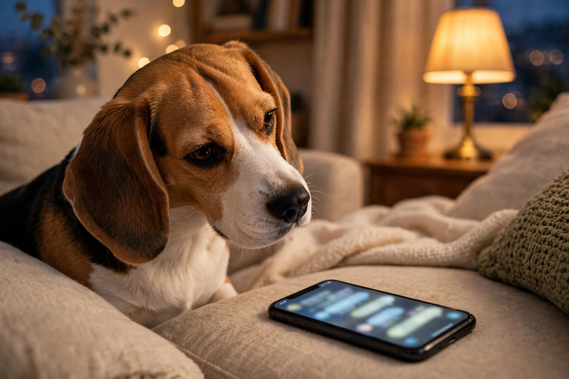 Cute beagle looking at a smartphone - Furveko pet guides