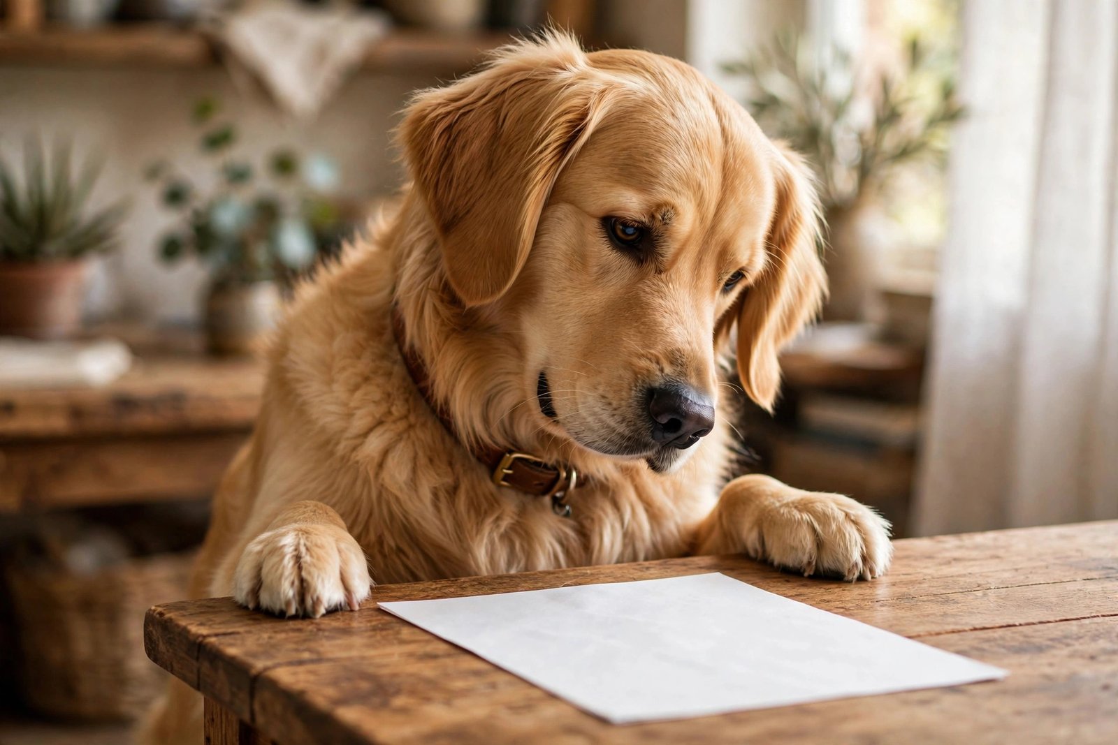Golden retriever looking at a printed cover letter on a desk - Furveko pet guides