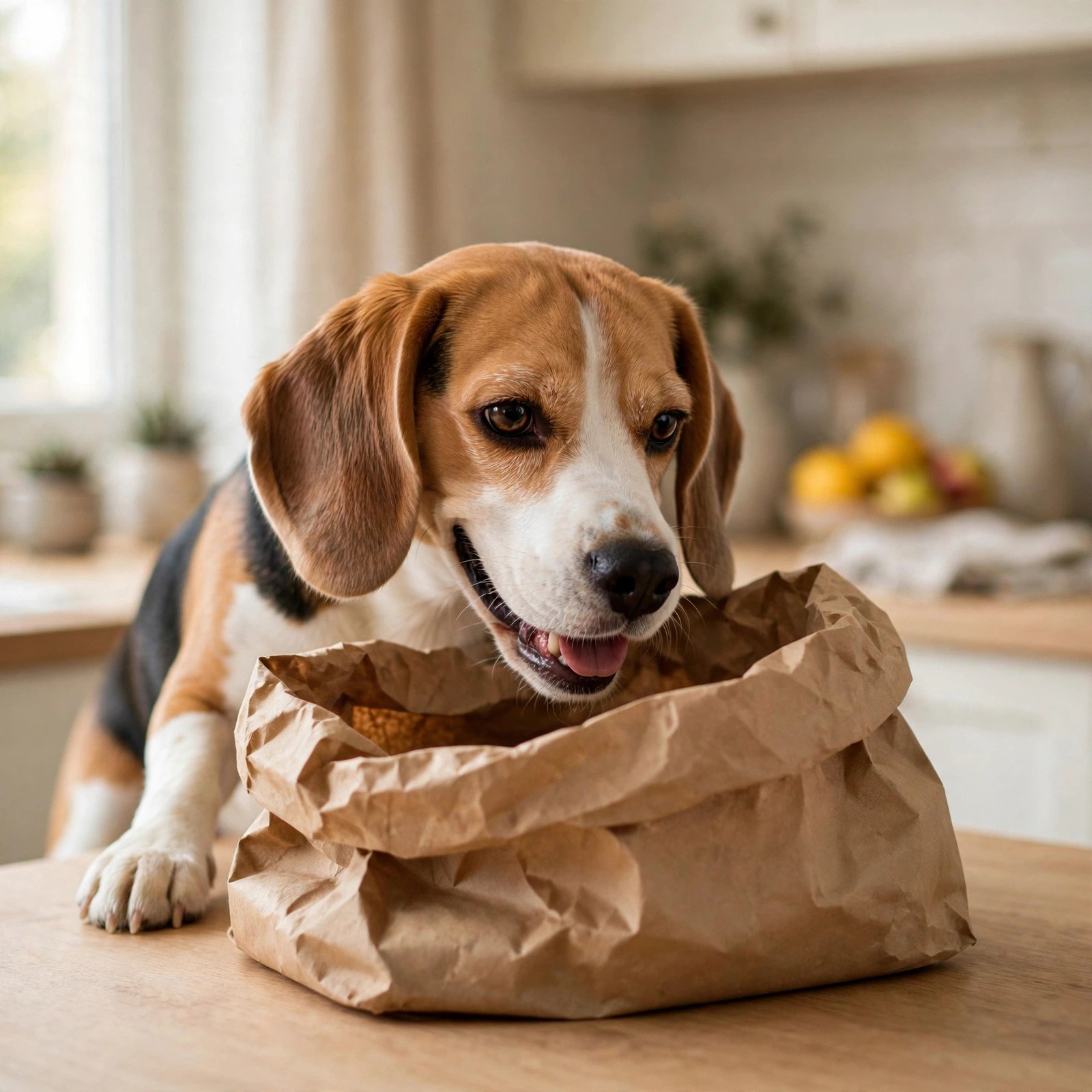 Beagle dog sniffing a grocery bag - the family member who never sticks to the budget