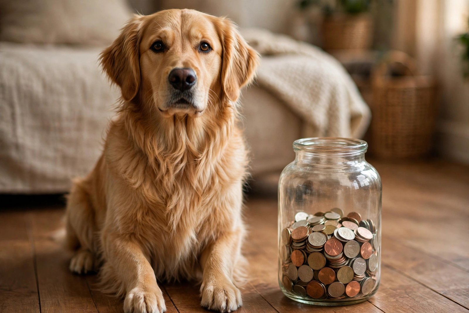 Golden retriever guarding a jar of coins - Furveko pet guides