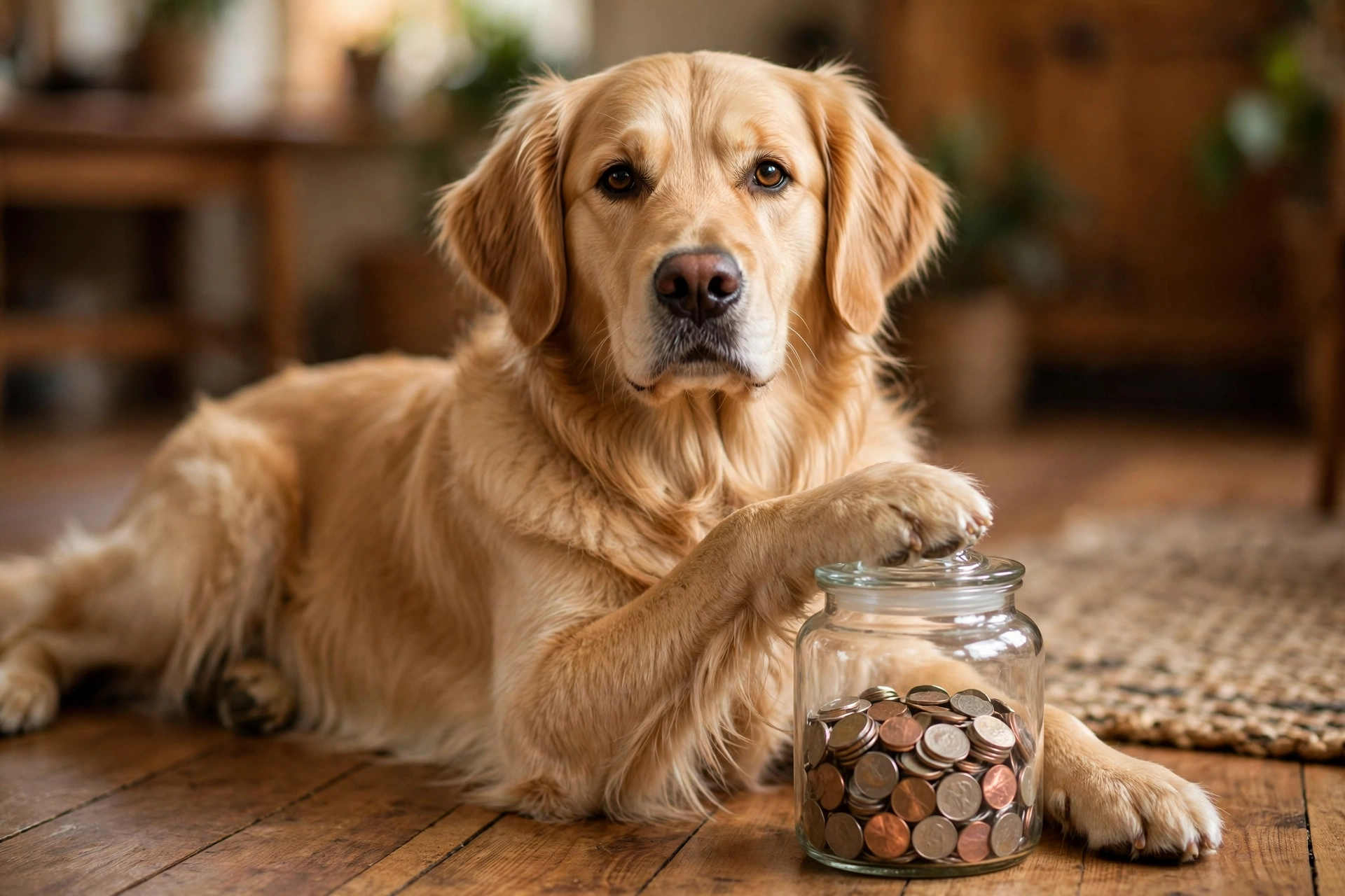 Golden retriever guarding a glass coin jar full of savings