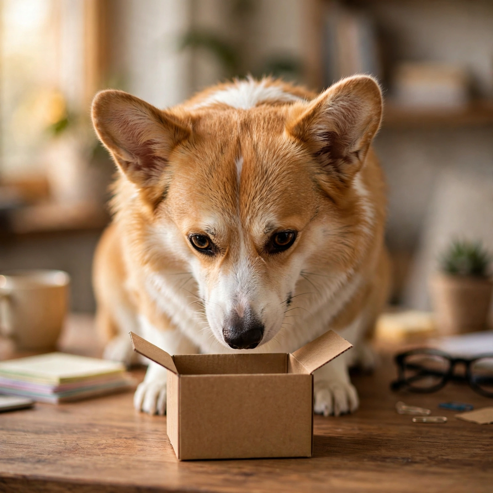 Corgi sniffing a product box like a quality inspector - Furveko pet product guides
