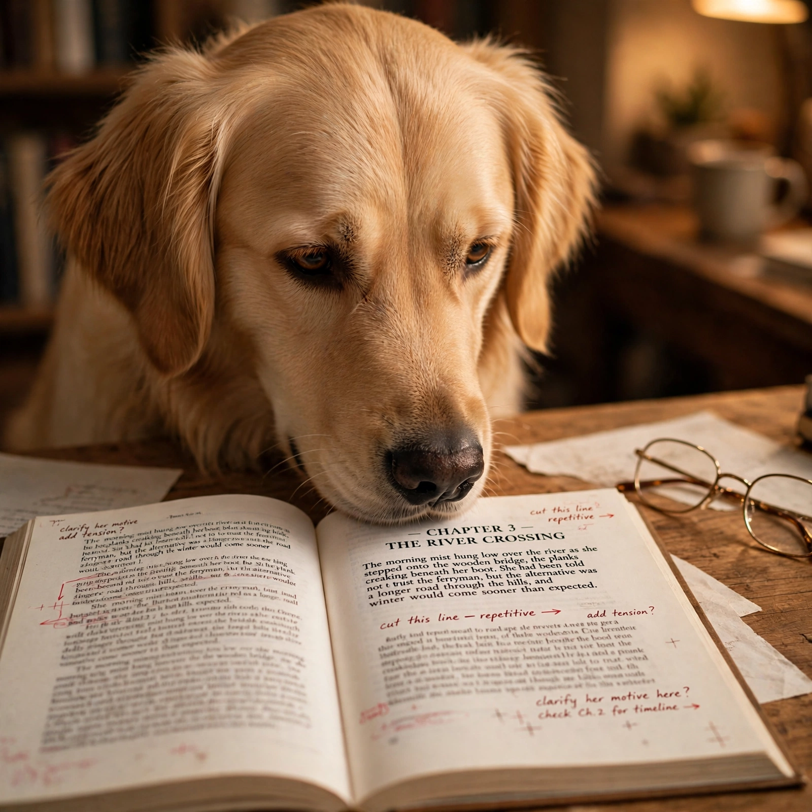 Golden retriever reading a manuscript like a proofreader