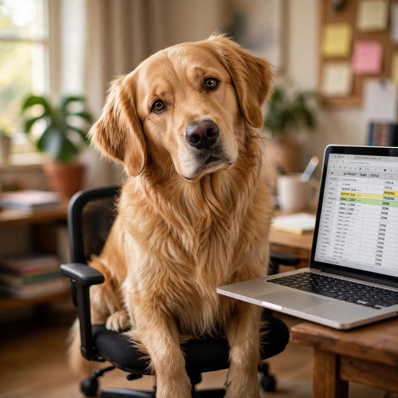 Golden retriever supervising work from home - Furveko pet guides