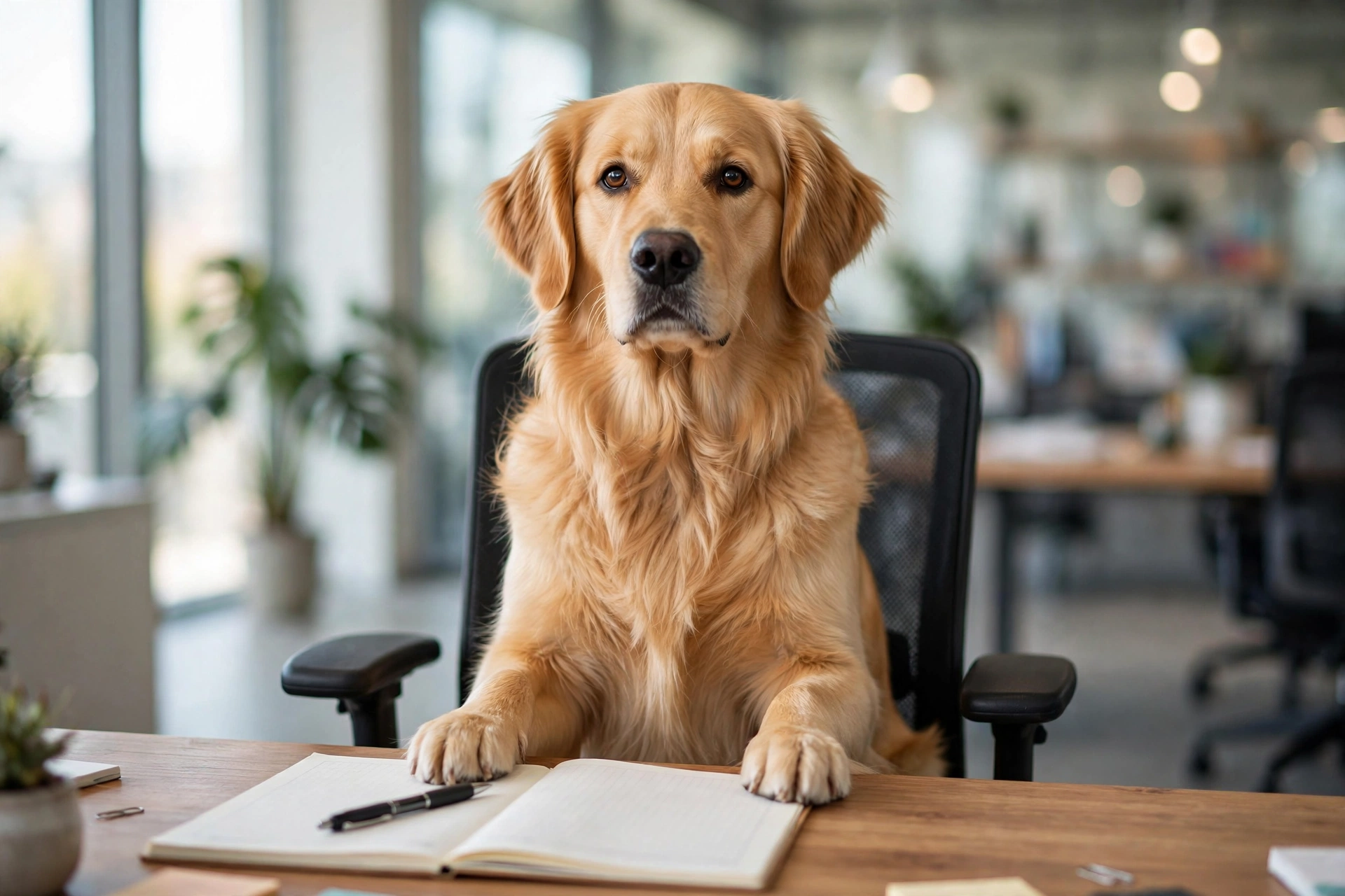 Golden retriever sitting like a job interviewer