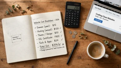 Overhead flat-lay of a notebook with a website cost breakdown, calculator, laptop and coffee — the real cost of starting a website in 2026