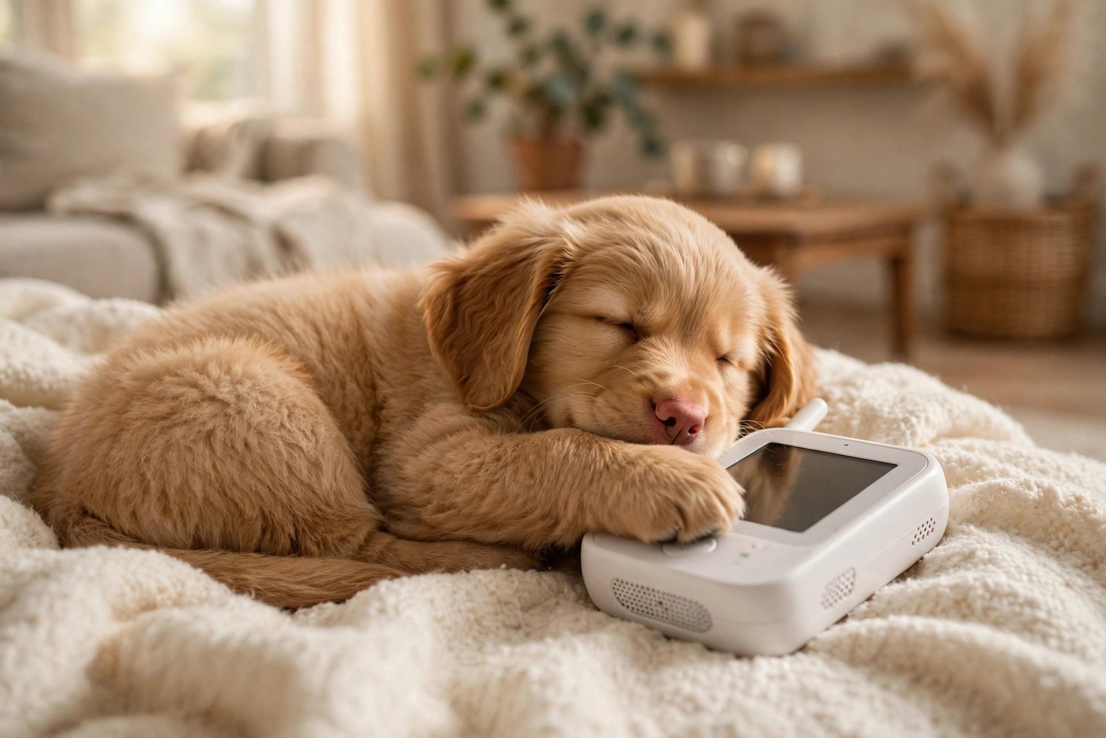 Golden retriever puppy asleep next to a baby monitor — the nap-time supervisor