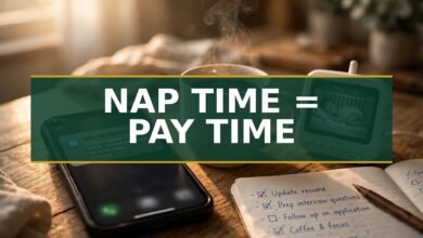 Warm morning kitchen table with smartphone job notification, coffee, baby monitor showing sleeping toddler, and checklist notebook — text overlay: Nap Time = Pay Time