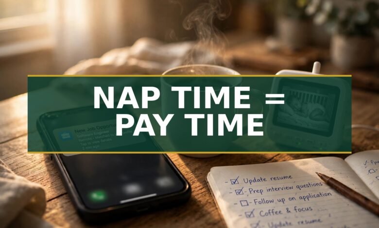 Warm morning kitchen table with smartphone job notification, coffee, baby monitor showing sleeping toddler, and checklist notebook — text overlay: Nap Time = Pay Time