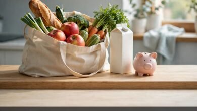 Money saving tips for UK mums — grocery bag and piggy bank, EVERY POUND COUNTS