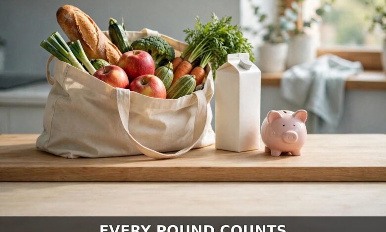 Money saving tips for UK mums — grocery bag and piggy bank, EVERY POUND COUNTS
