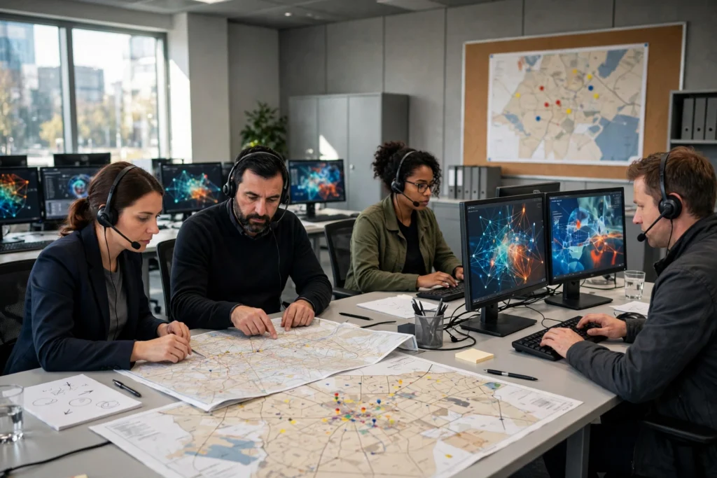 Emergency response coordination office with staff at desks