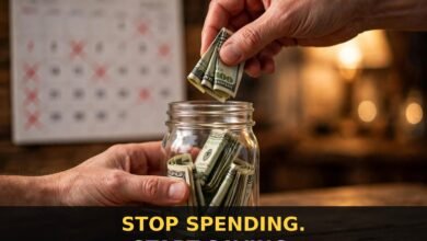 Hands dropping dollar bills into a savings jar with a marked calendar — no spend month rules 2026