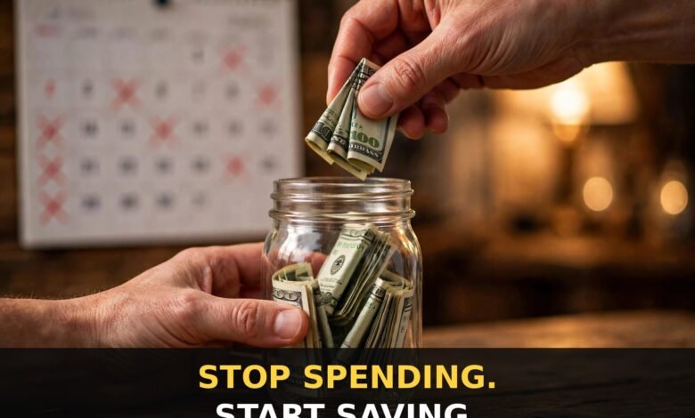 Hands dropping dollar bills into a savings jar with a marked calendar — no spend month rules 2026