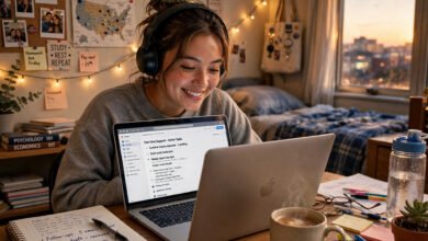 Student working part-time remotely on a laptop in a dorm room in the USA