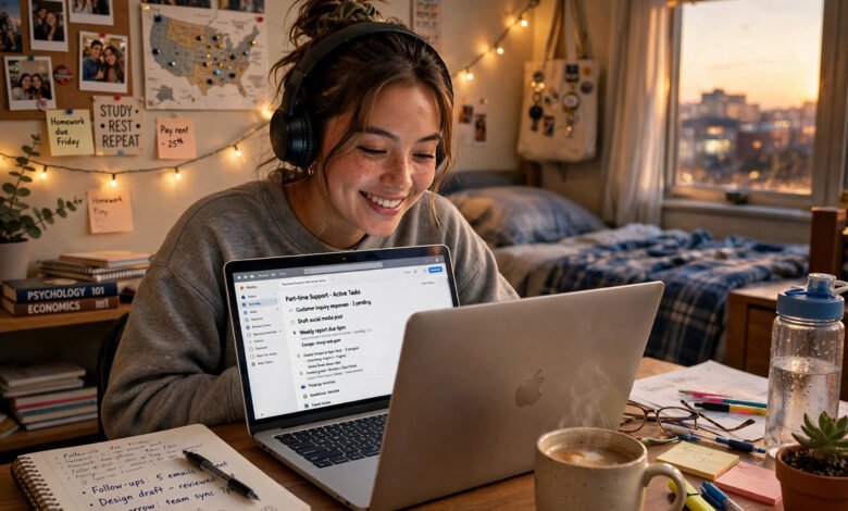 Student working part-time remotely on a laptop in a dorm room in the USA