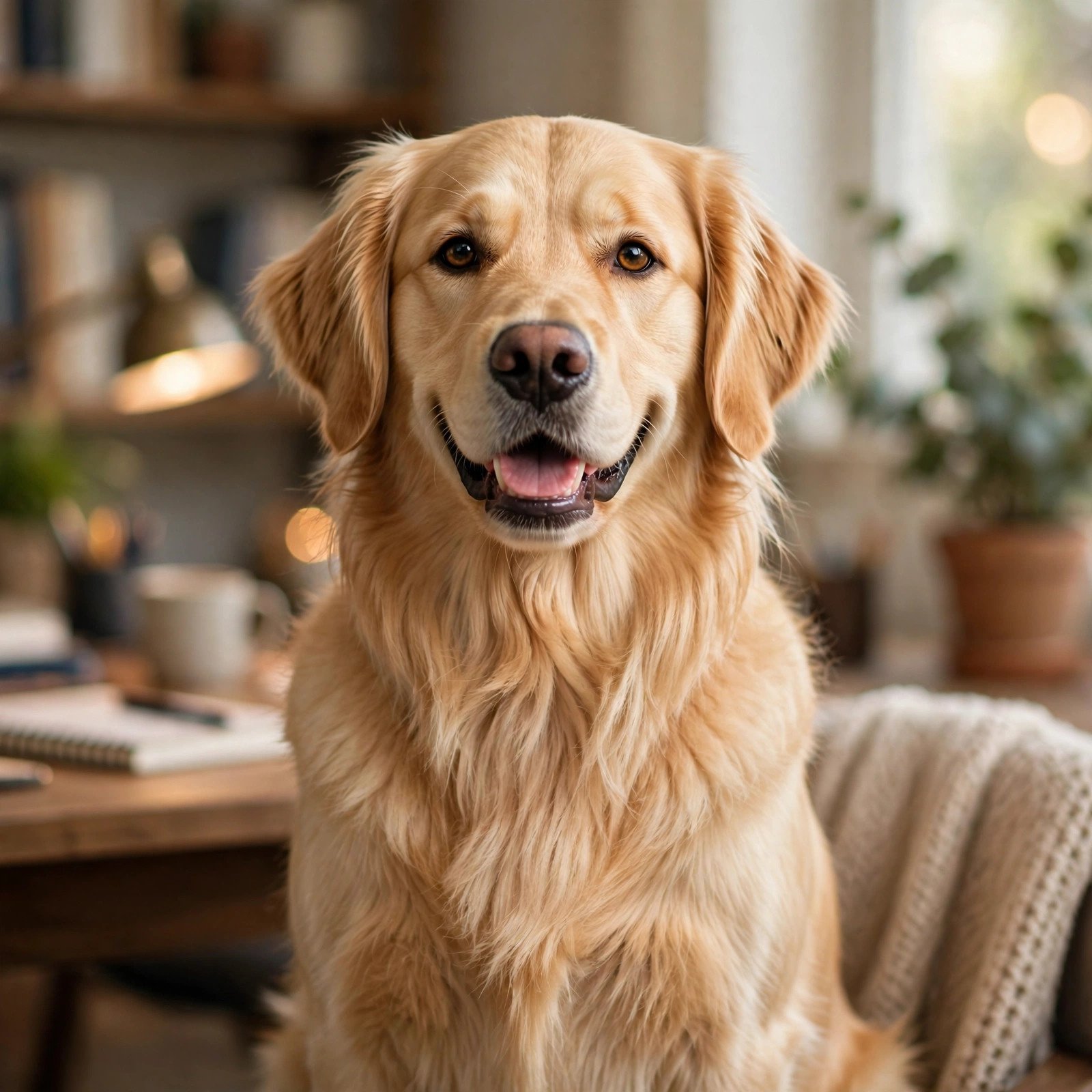 Confident golden retriever sitting proudly like it just negotiated an extra treat
