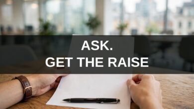 Ask for a pay rise in the UK 2026 — hands holding an appraisal document on a London office desk, overlaid text: ASK. GET THE RAISE.