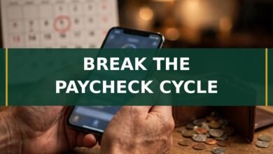Hands holding a phone with a banking app, an empty wallet and a calendar with payday circled — how to stop living paycheck to paycheck UK 2026
