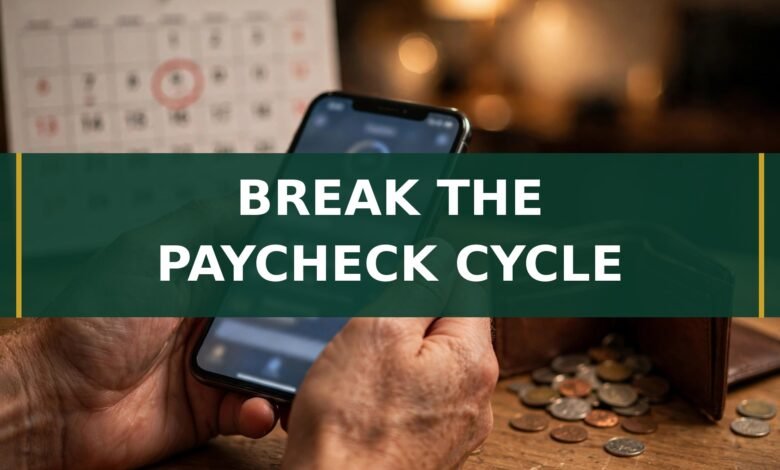 Hands holding a phone with a banking app, an empty wallet and a calendar with payday circled — how to stop living paycheck to paycheck UK 2026