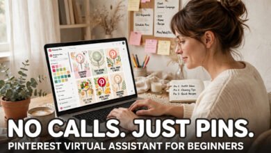 Beginner Pinterest virtual assistant working from home on a laptop designing pins - No Calls Just Pins