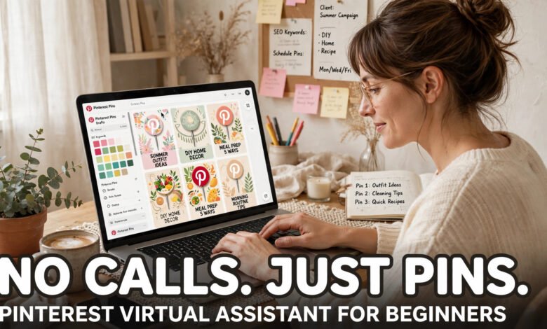 Beginner Pinterest virtual assistant working from home on a laptop designing pins - No Calls Just Pins