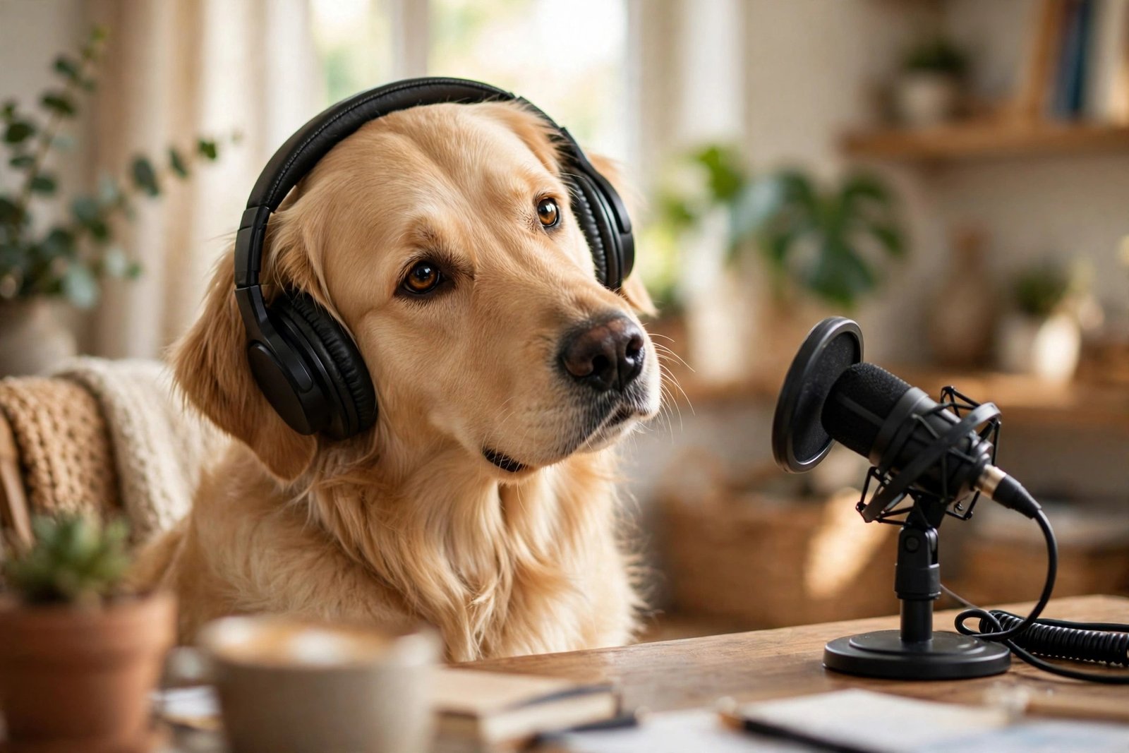 Golden retriever wearing headphones and listening to a podcast microphone