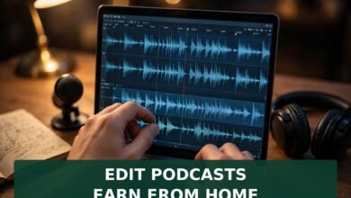 Hands editing a podcast waveform on a laptop with headphones and microphone — Edit podcasts, earn from home