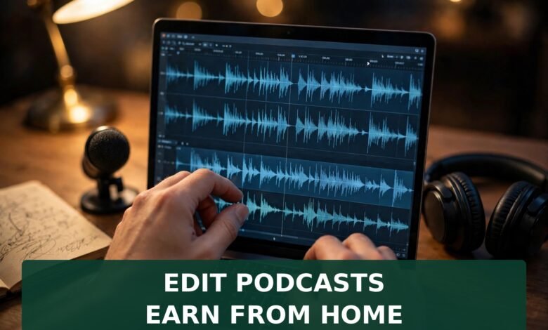 Hands editing a podcast waveform on a laptop with headphones and microphone — Edit podcasts, earn from home
