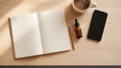 Flat lay of notebook, pen, skincare serum bottle, smartphone and coffee on a desk - make money writing product descriptions beginner guide