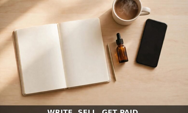 Flat lay of notebook, pen, skincare serum bottle, smartphone and coffee on a desk - make money writing product descriptions beginner guide
