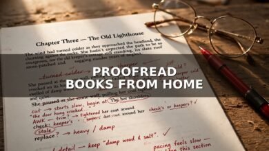 Book manuscript page with red proofreading marks, reading glasses and red pen — Proofread Books From Home