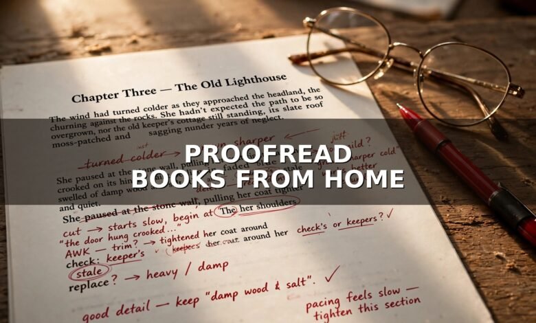 Book manuscript page with red proofreading marks, reading glasses and red pen — Proofread Books From Home