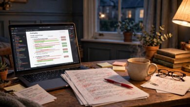 Beginner proofreading documents online at home in the UK with laptop and red pen