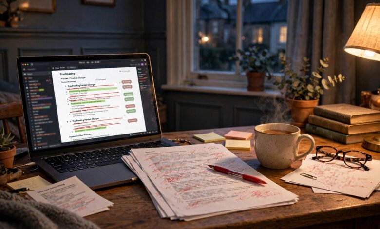 Beginner proofreading documents online at home in the UK with laptop and red pen