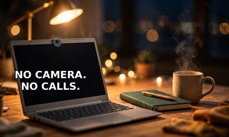 Cozy night desk with laptop camera covered by a sticker — quiet remote jobs for beginners with no video calls