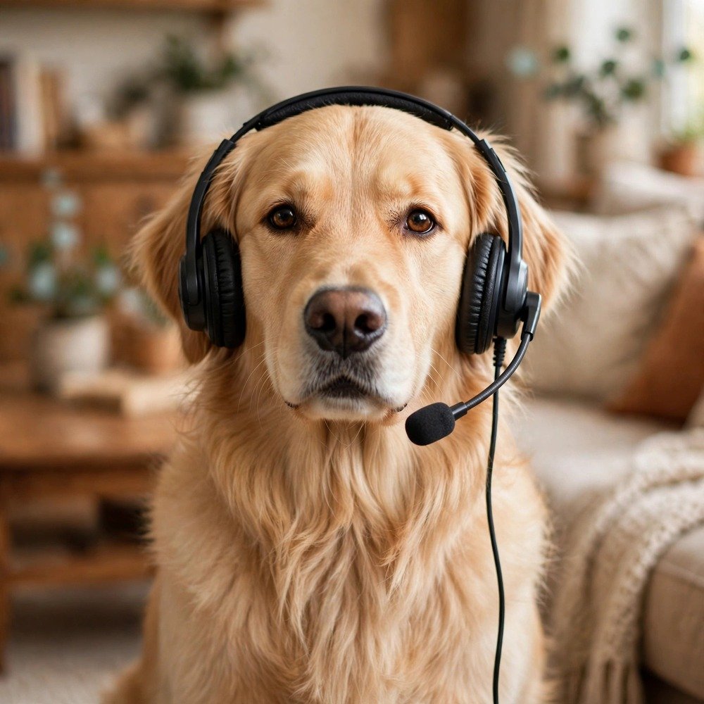 Golden retriever wearing a support headset