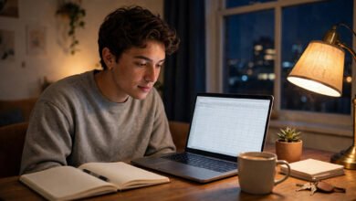 Person working from home on a laptop doing remote data entry work at night in the USA