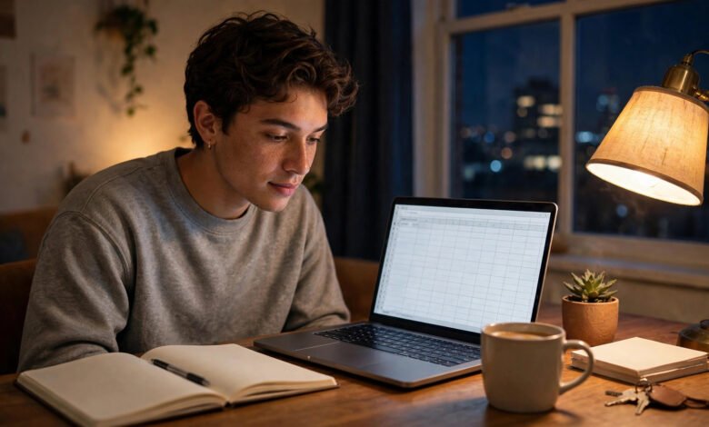 Person working from home on a laptop doing remote data entry work at night in the USA