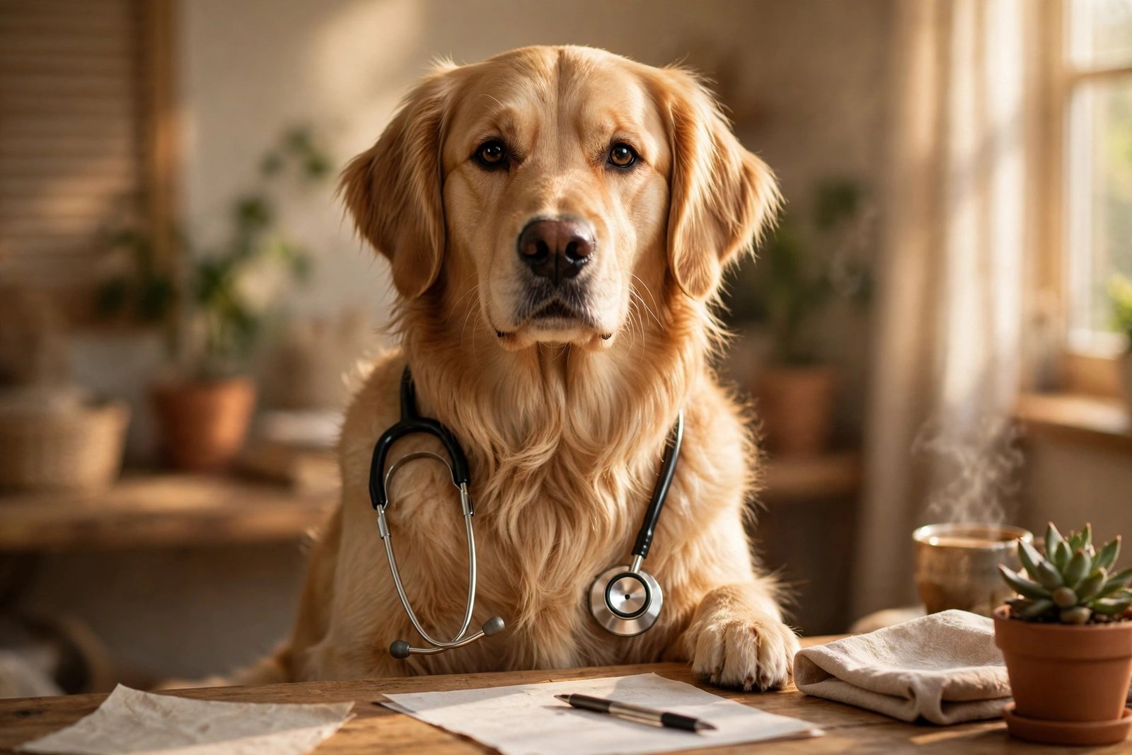 Golden retriever wearing a stethoscope, the triage nurse who never puts you on hold