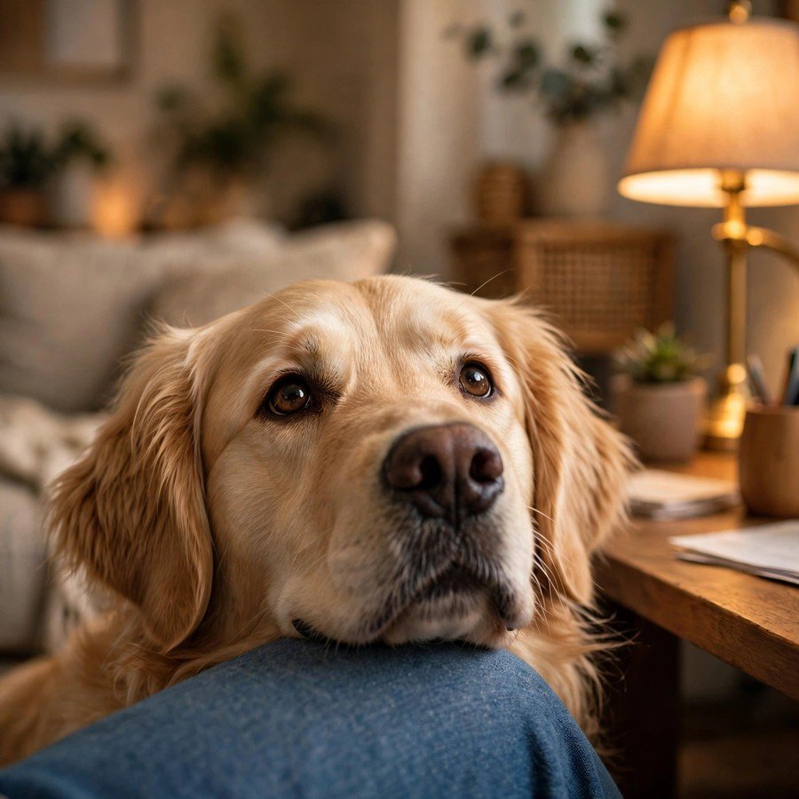 Golden retriever therapy dog resting its head on its owner's knee beside a home desk
