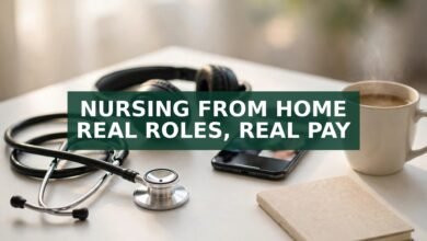 Remote nursing jobs from home — stethoscope, headset and phone video call on a desk