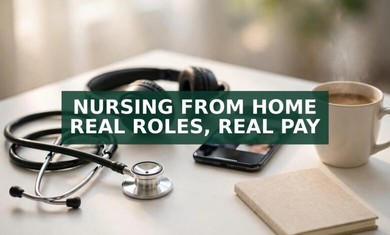 Remote nursing jobs from home — stethoscope, headset and phone video call on a desk