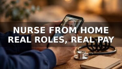 Nurse's hands holding a phone showing a telehealth video call with a stethoscope and notebook on a home desk — remote nursing jobs from home