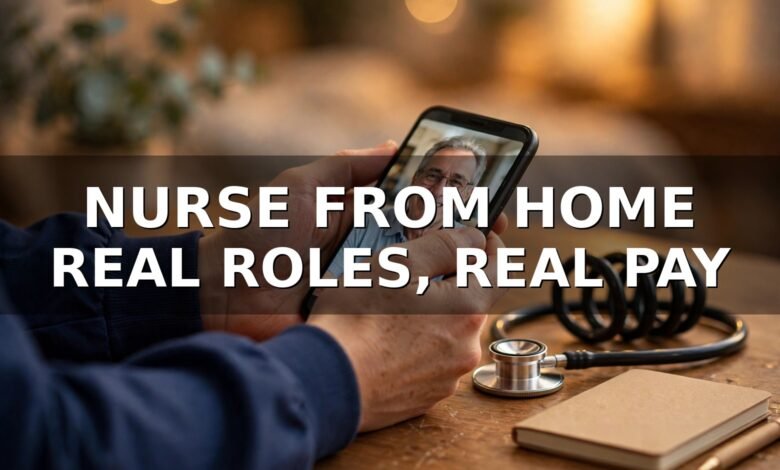 Nurse's hands holding a phone showing a telehealth video call with a stethoscope and notebook on a home desk — remote nursing jobs from home